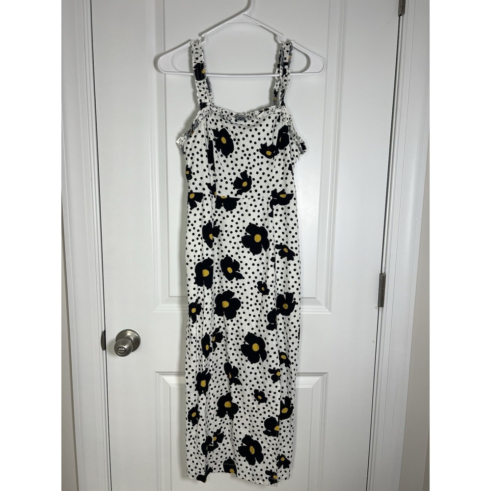 Urban Outfitters Polka Dot Floral Midi Linen Blend Dress Size XS Black White
